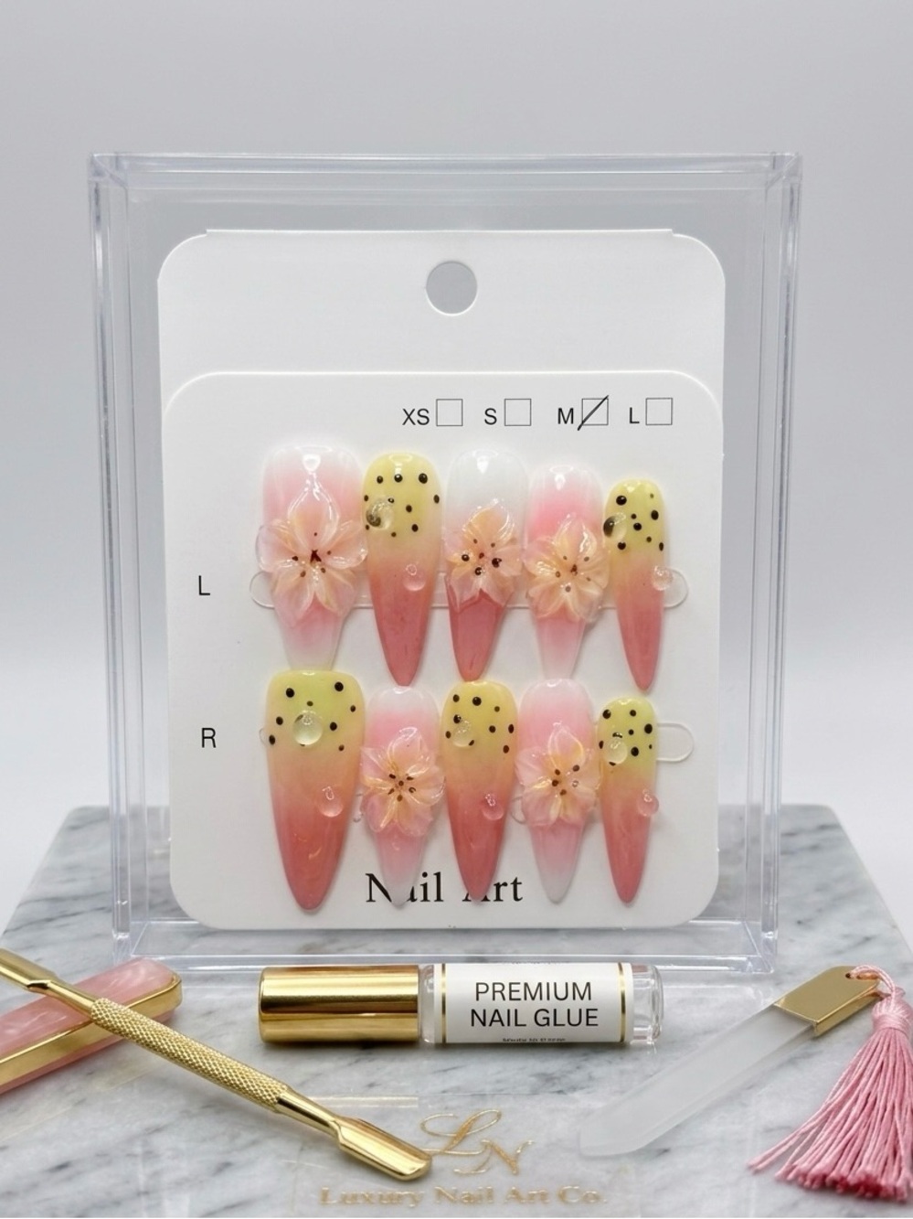 Pink to Yellow Ombre Press-On Nails with 3D Flowers